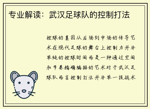 专业解读:武汉足球队的控制打法
